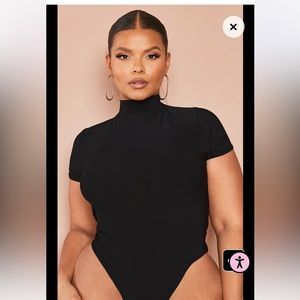 Plus Black Slinky Short Sleeve High Neck Bodysuit